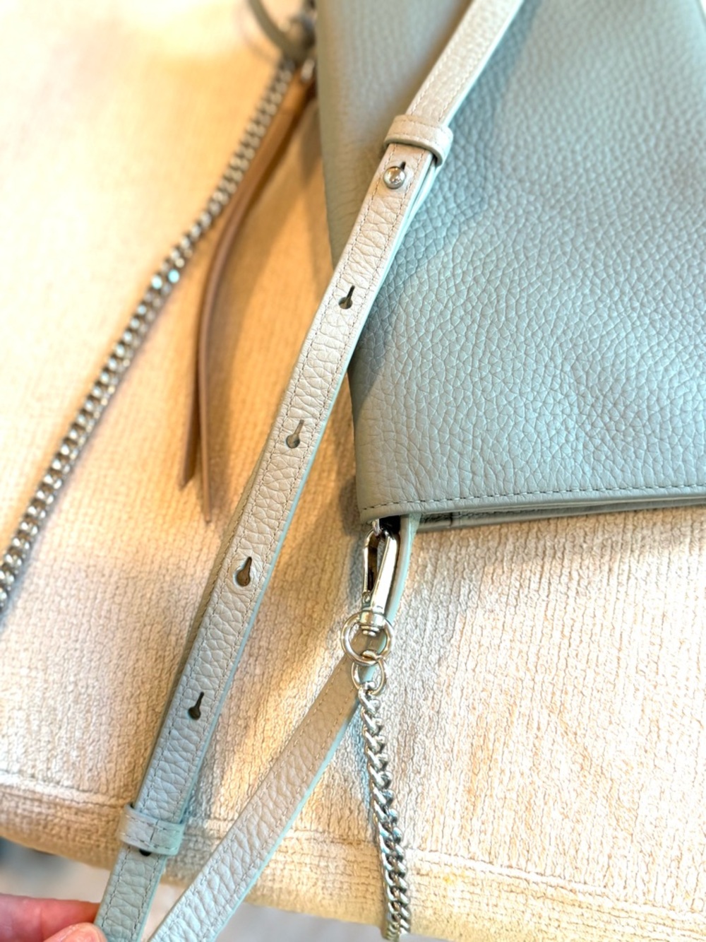 AllSaints Sage Green Pebbled Leather “Fetch” Crossbody Bag with Chain Strap - Picture 11 of 12